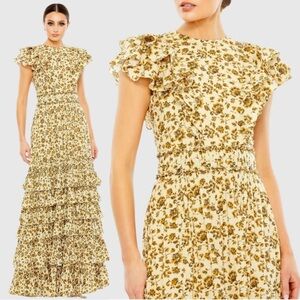 Mac Duggal 70114 Tiered Ruffle High Neck Gown Size 4 NWT Taupe Multi